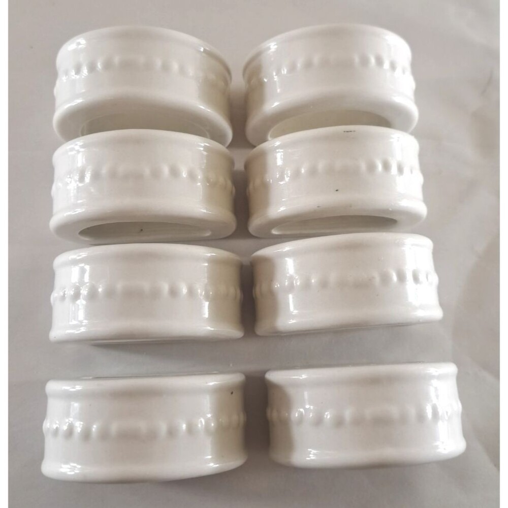 Vintage Beaded Napkin Rings White Ceramic Set of 8 Retro Dinner Party Modern
